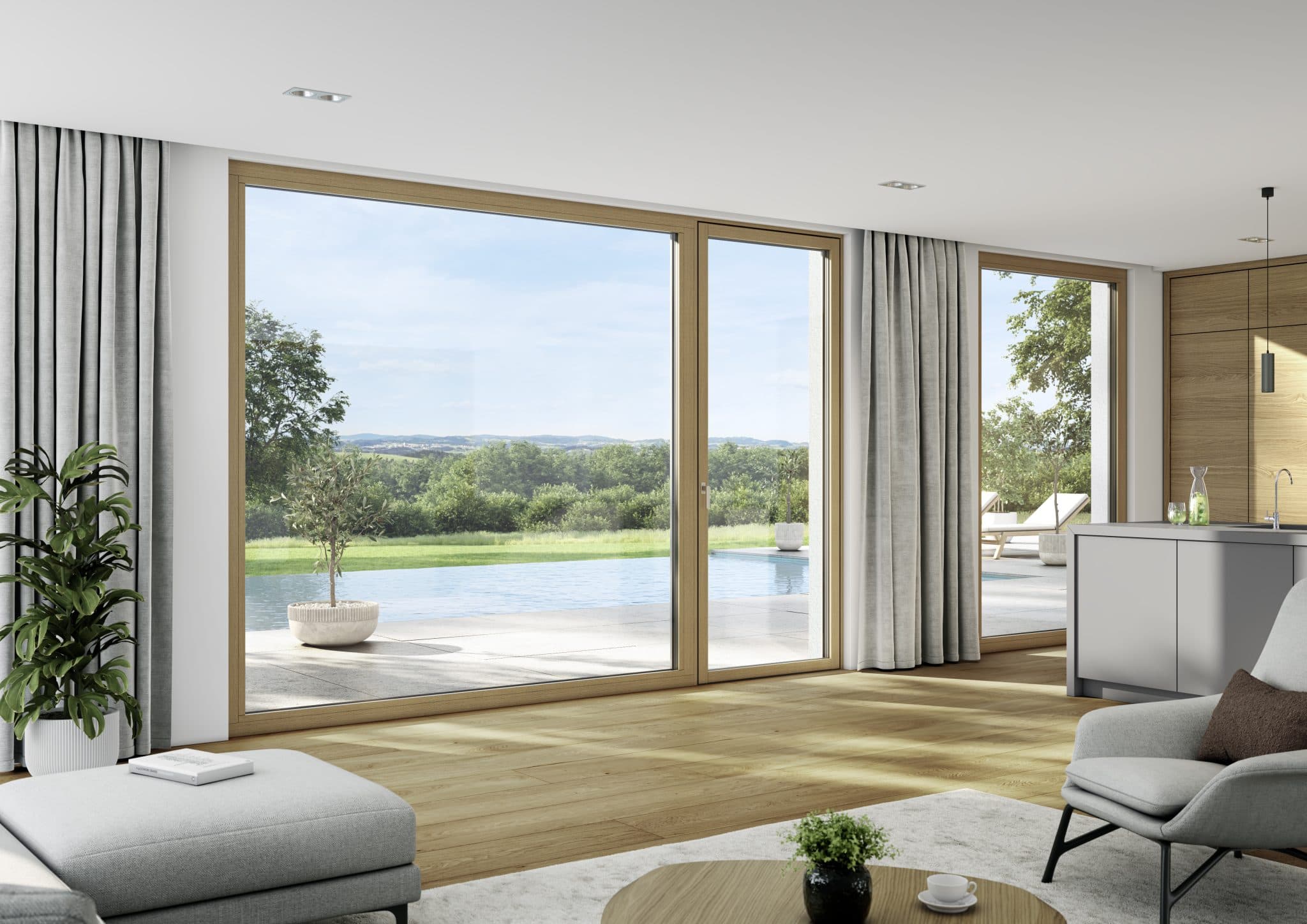 Modern home with floor-to-ceiling black-frame sliding glass doors opening to a terrace