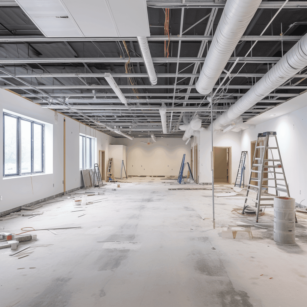 Large commercial build-out in progress with white drywall walls, exposed HVAC ceiling grid, and open floor plan
